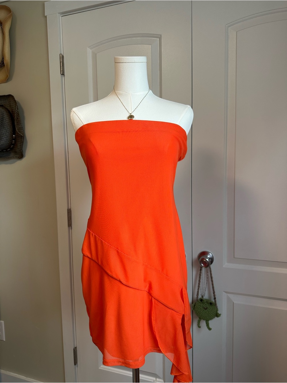 Bright Summer Strapless Orange Ruffle Slit Asymmetrical Mini Dress